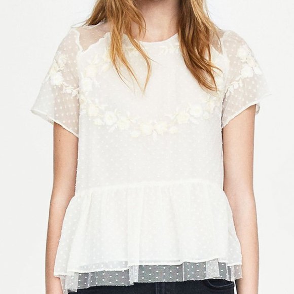 Zara Tops - Zara Trafaluc collection off-white Swiss dot embroidered peplum top